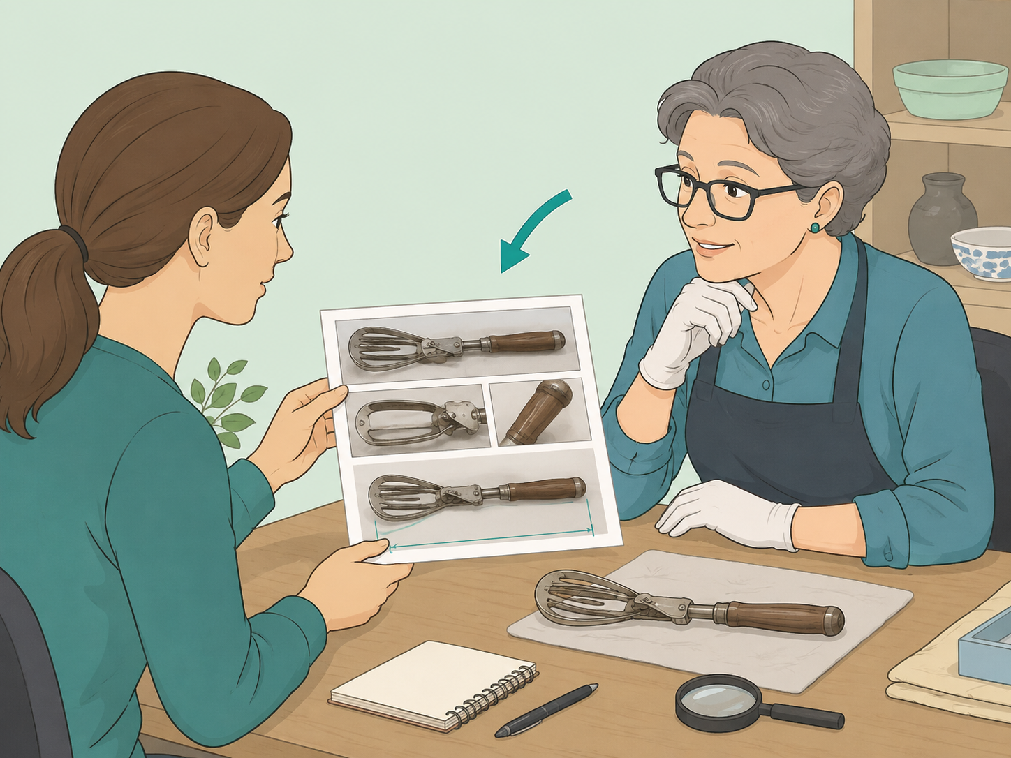 A person asking an expert to help identify a vintage kitchen utensil.