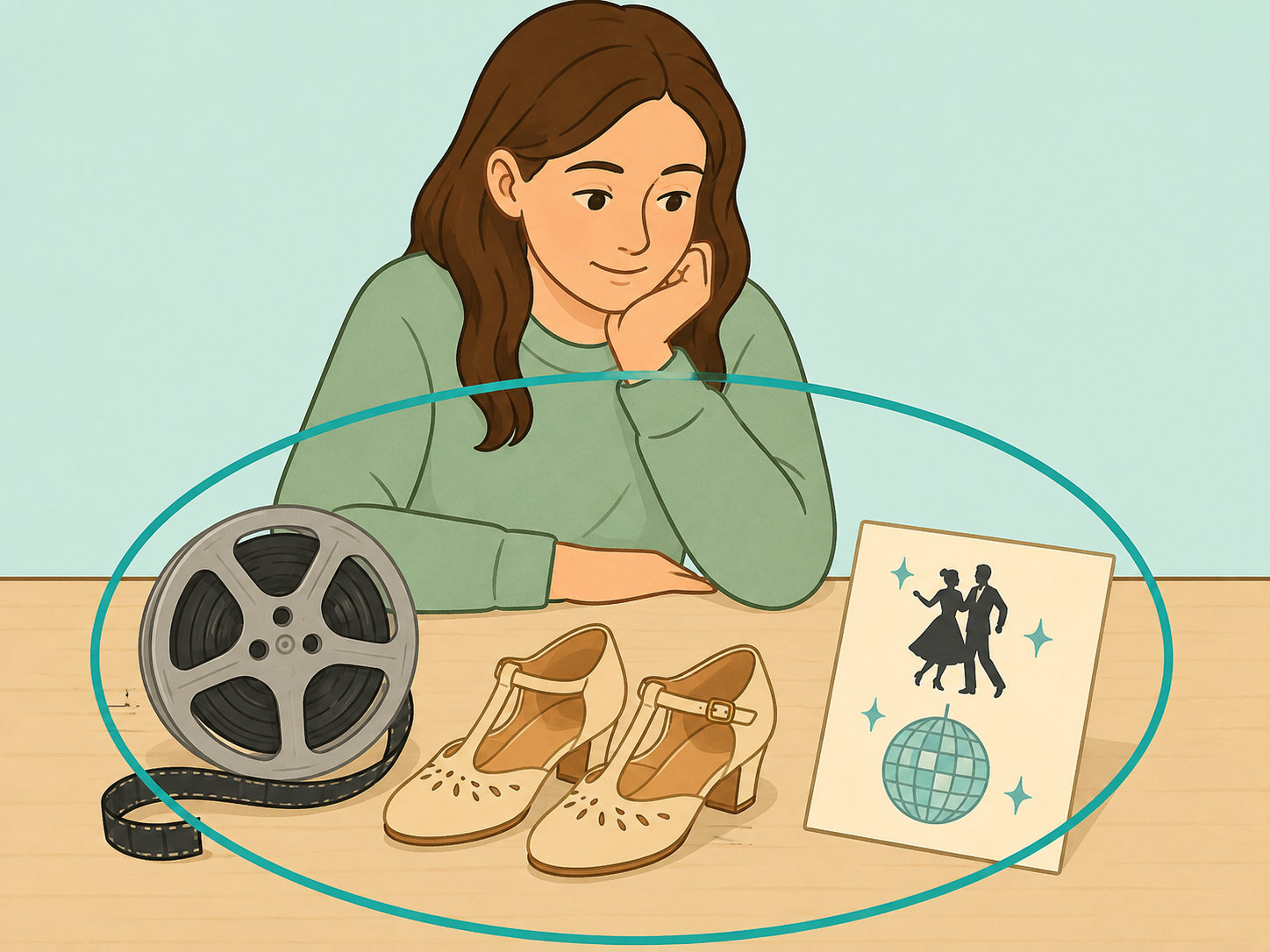 Illustration of a reader connecting film and dance clues to identify a Hollywood actor.