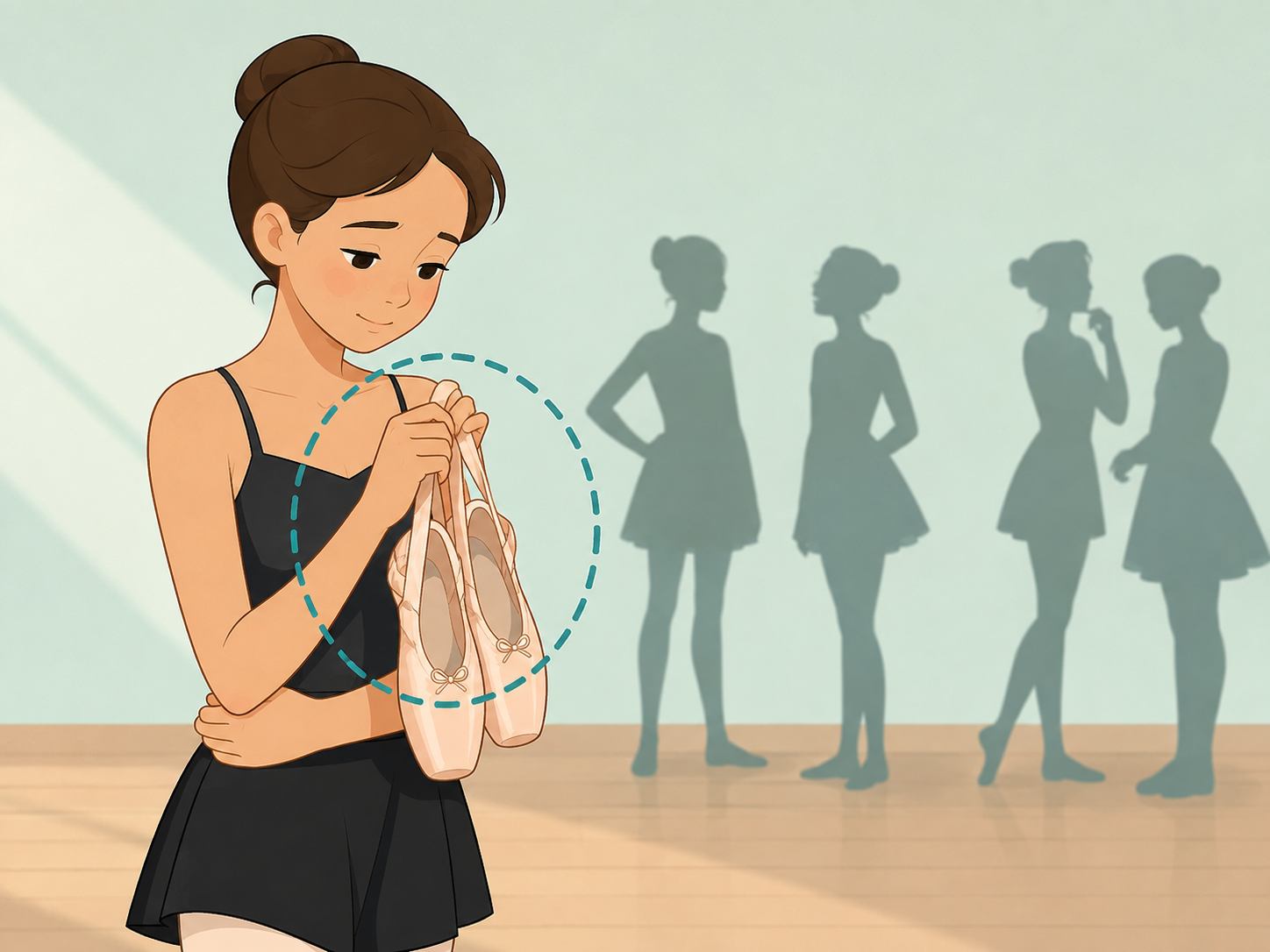 Young dancer being singled out for dance training with highlighted ballet shoes.