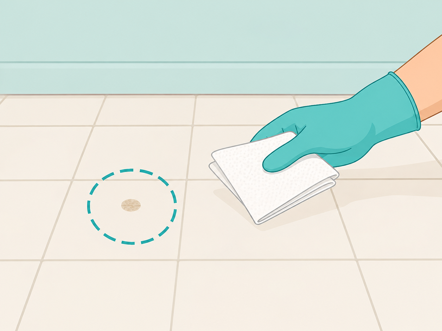 A gloved hand carefully approaches an unknown spot on a bathroom floor.
