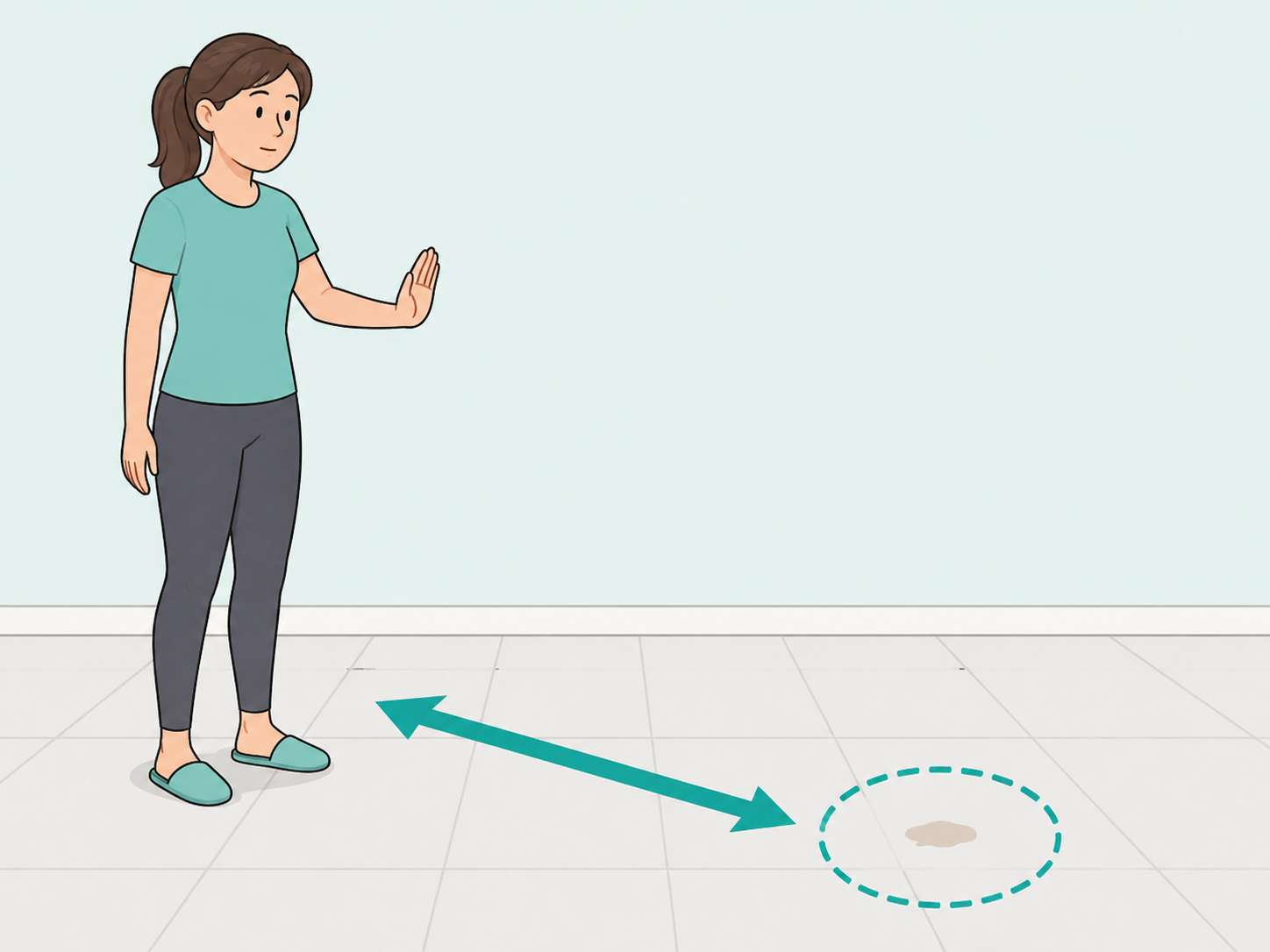 A person pauses before touching an unknown spot on the bathroom floor.