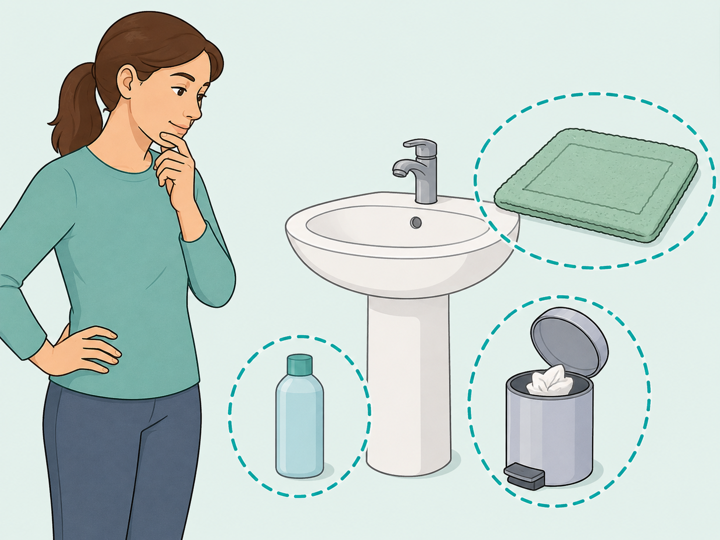 A person checks nearby bathroom items for the source of a strange spot.