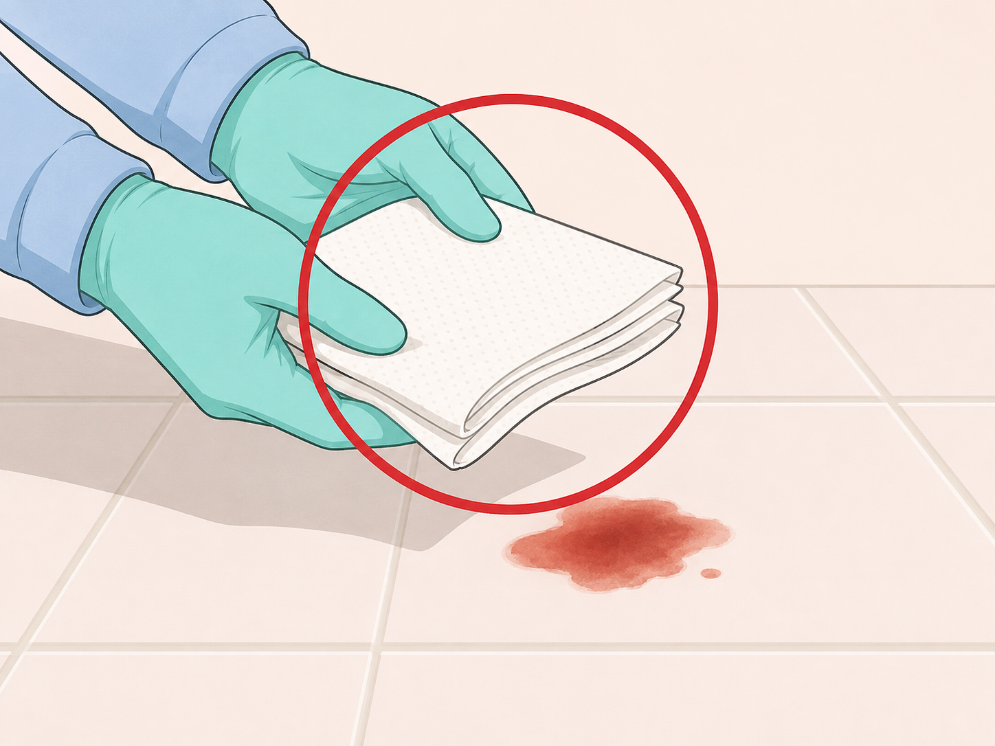 Gloved hands handle a possible body-fluid spill with paper towels.