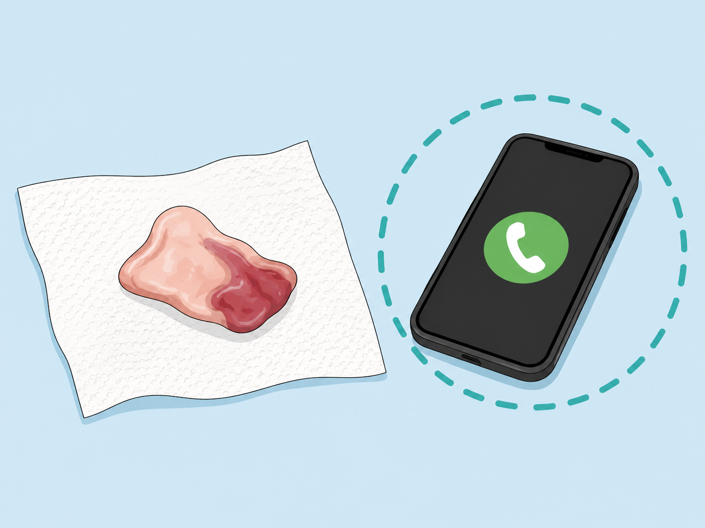 A tissue-like item on a paper towel next to a phone for calling a healthcare provider.