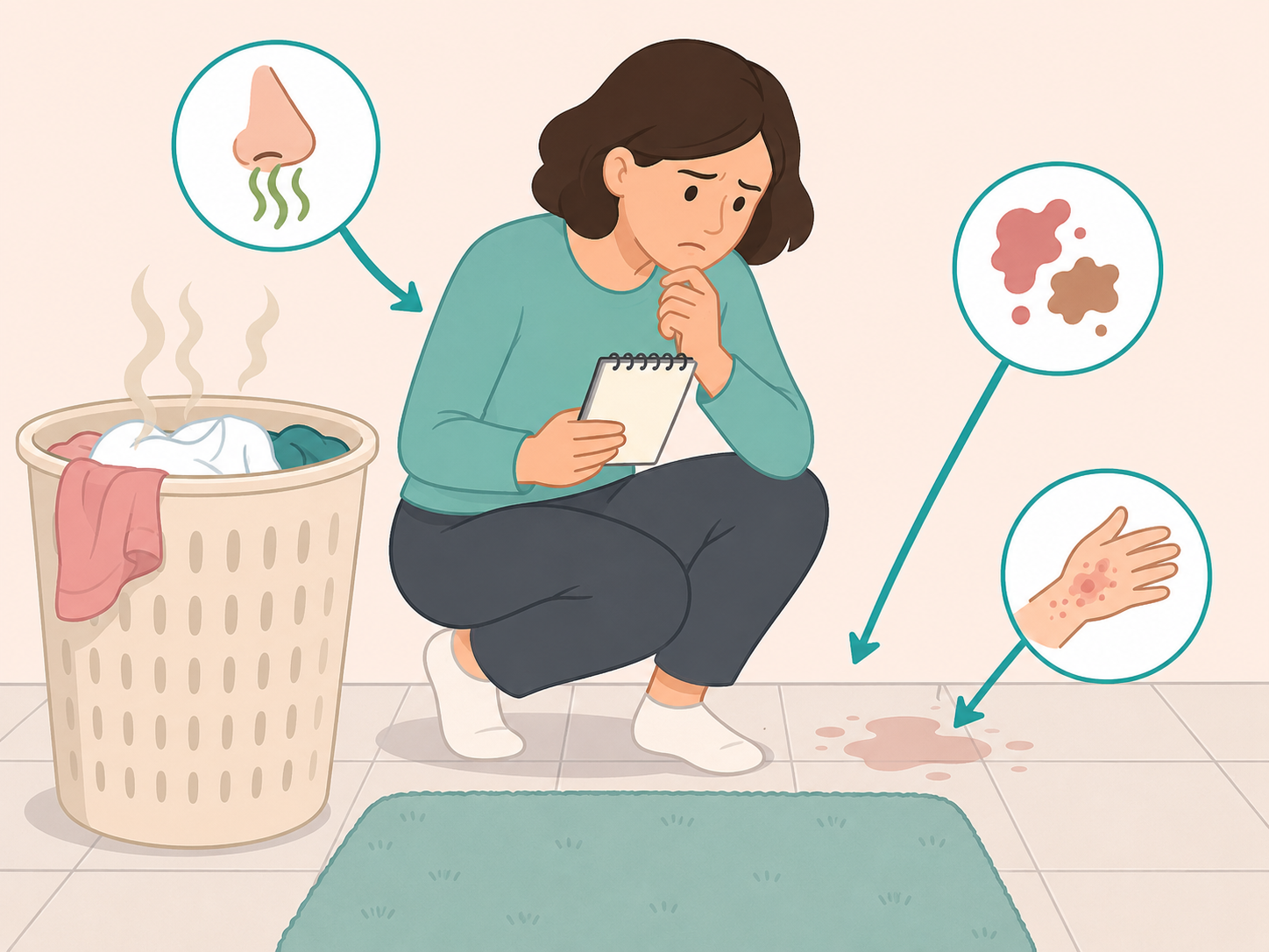 A person checks for discharge-related clues such as odor or irritation without touching anything.