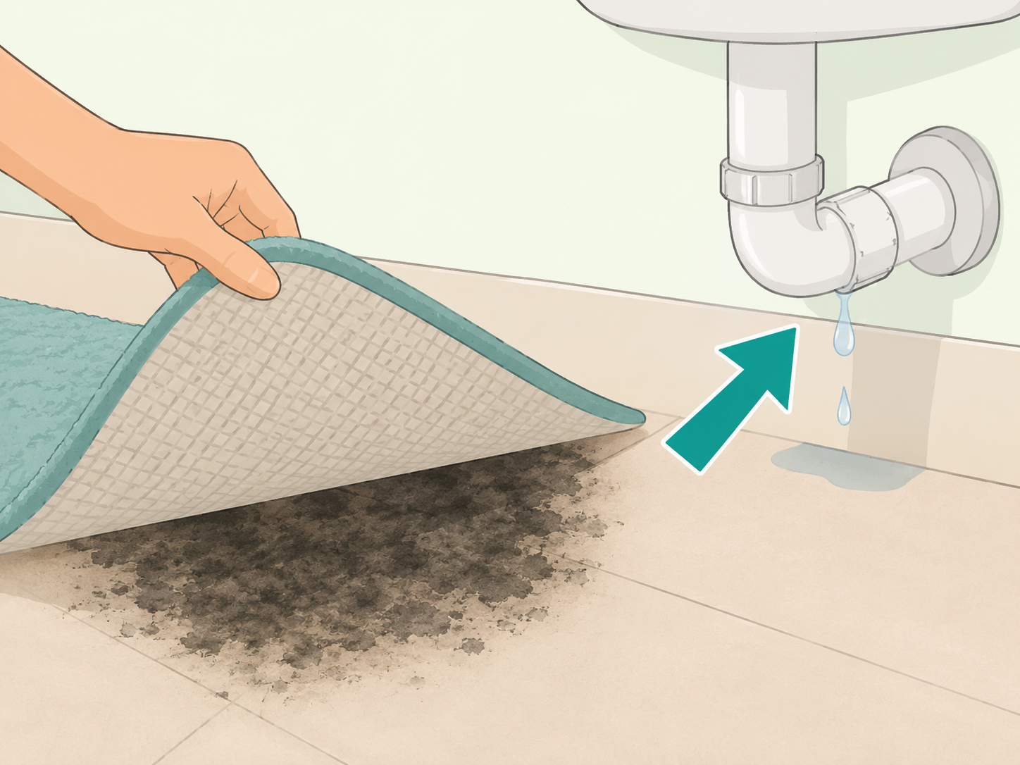 A damp bath mat is lifted to check for moisture, leaks, and mold.