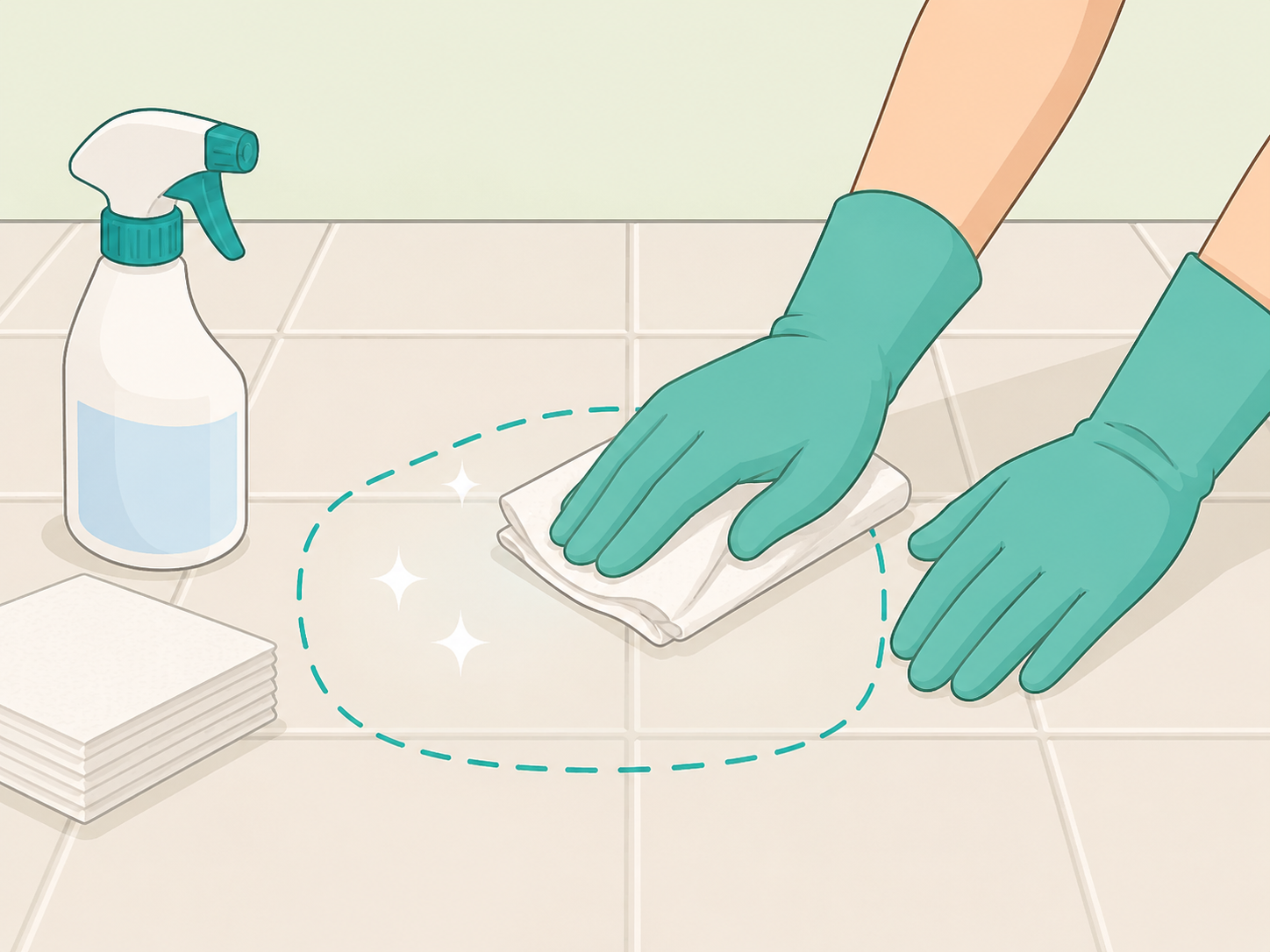 Gloved hands safely clean and disinfect a bathroom floor spot.