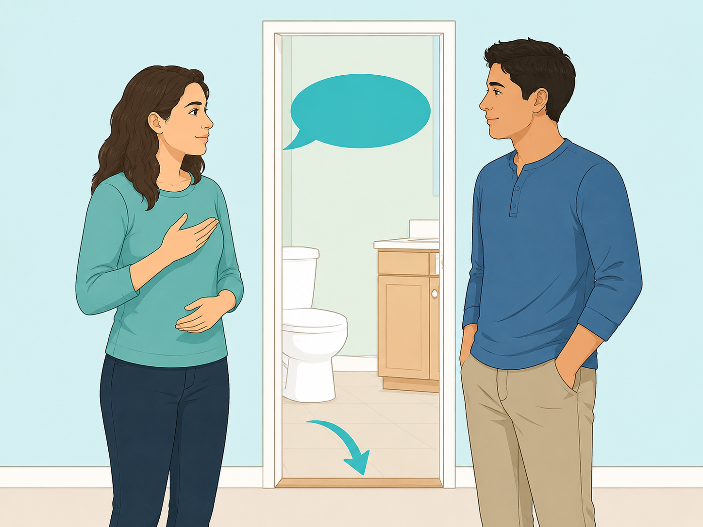Two people talk privately and calmly about something noticed in the bathroom.