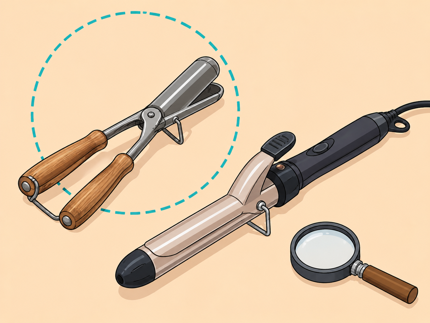 A vintage metal hair curler shown beside a modern curling iron for identification.