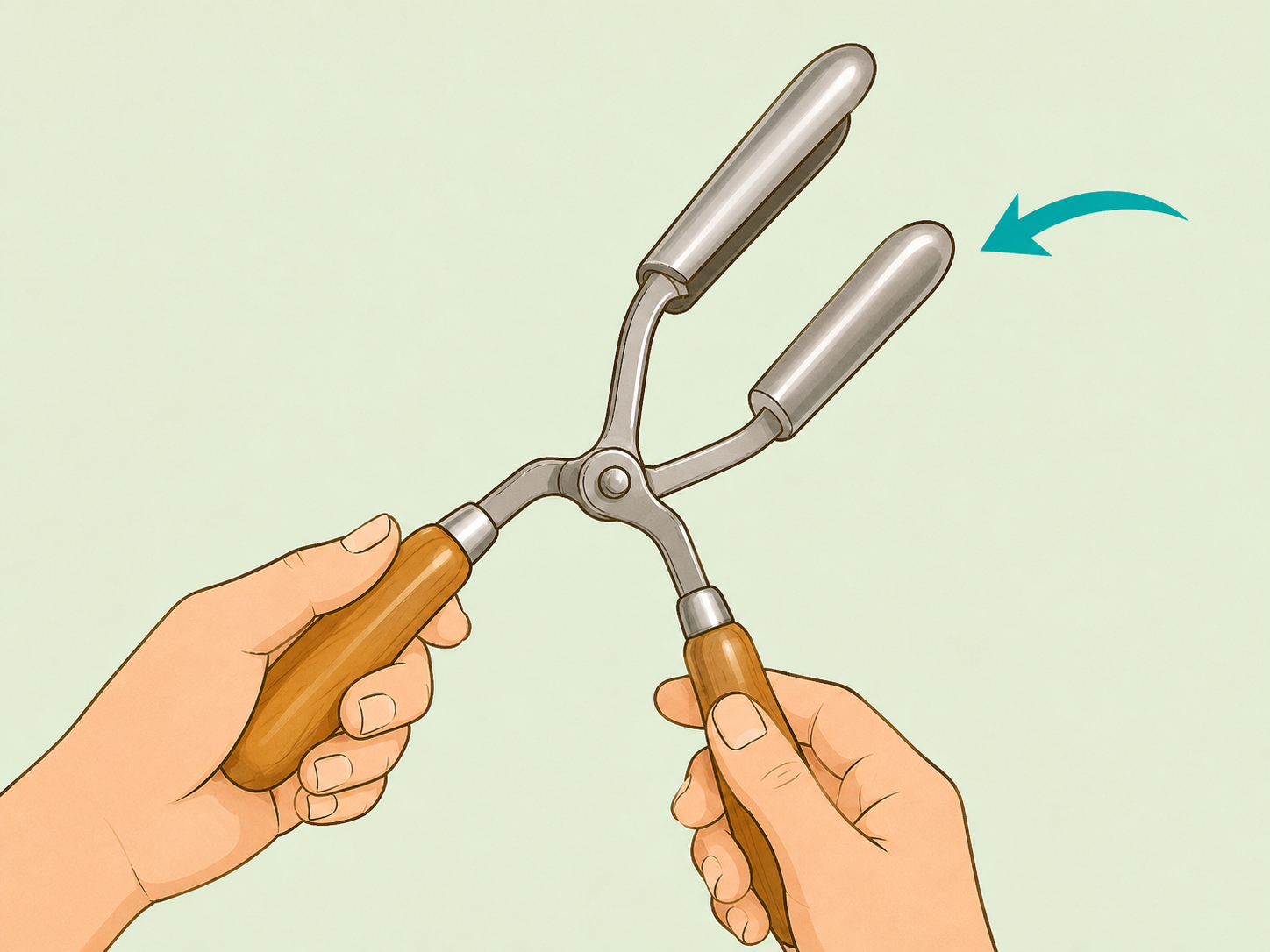 Hands inspecting the scissor-like shape of a vintage metal hair curler.