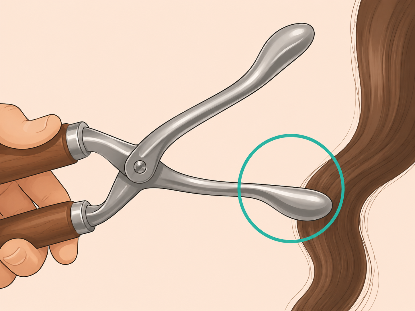 The smooth metal part of a vintage hair curler highlighted as the section that touched hair.