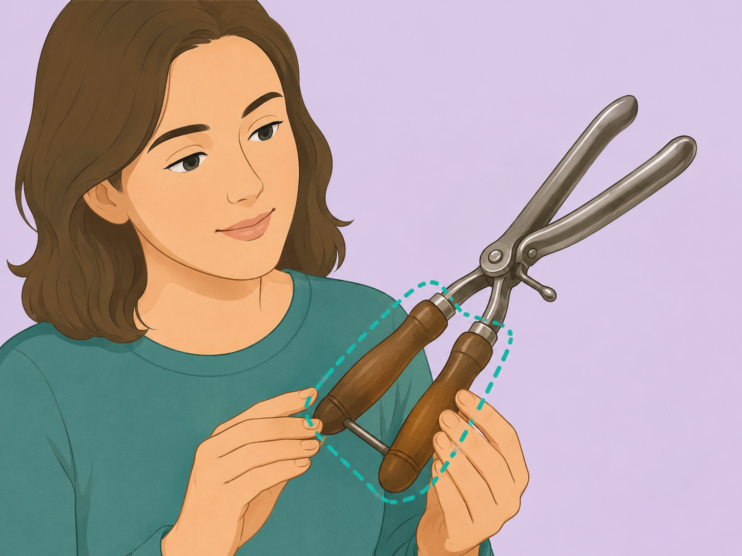 A person checking the heat-safe handles on a vintage curling iron.