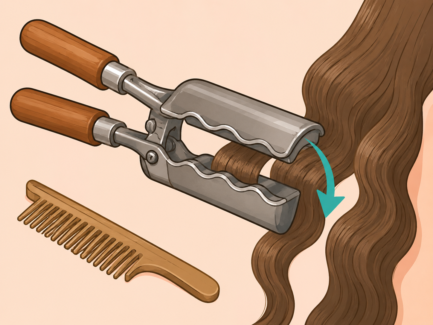 A vintage waving iron compared with a comb and a waved section of hair.