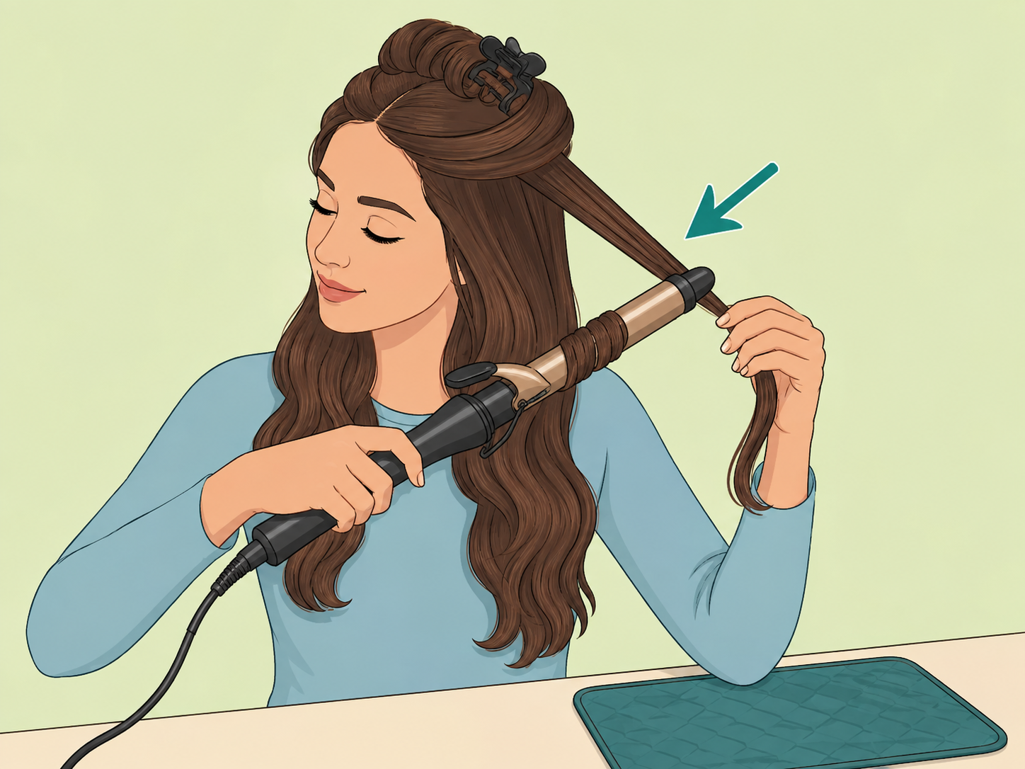A person carefully using a modern curling iron on dry hair.