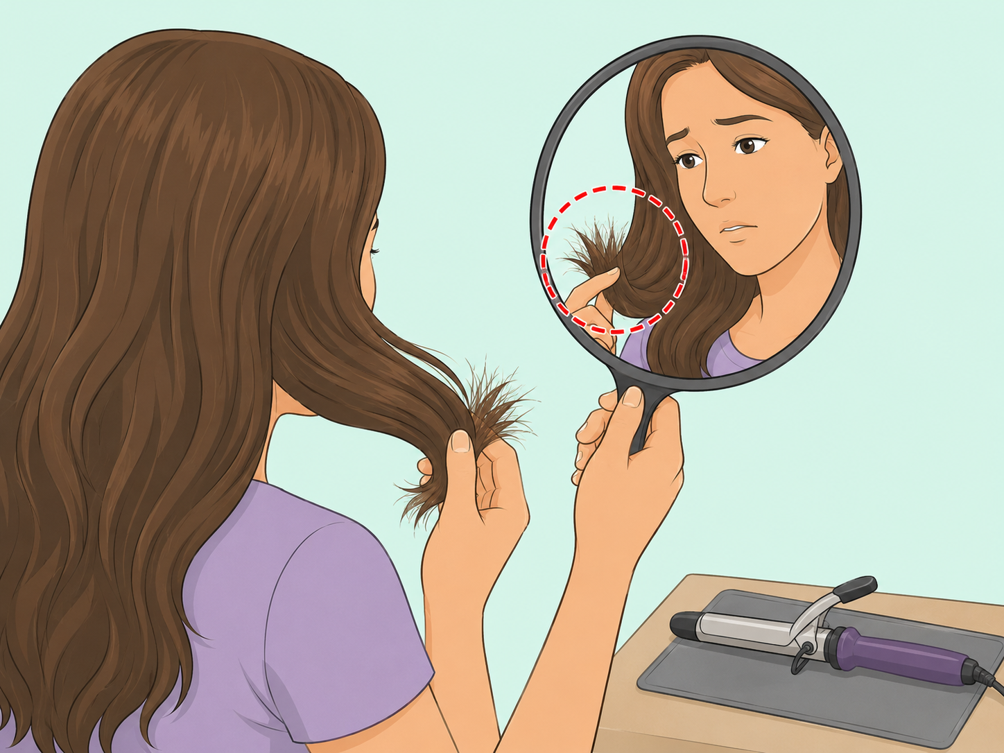 A person checking hair ends for heat damage after curling.