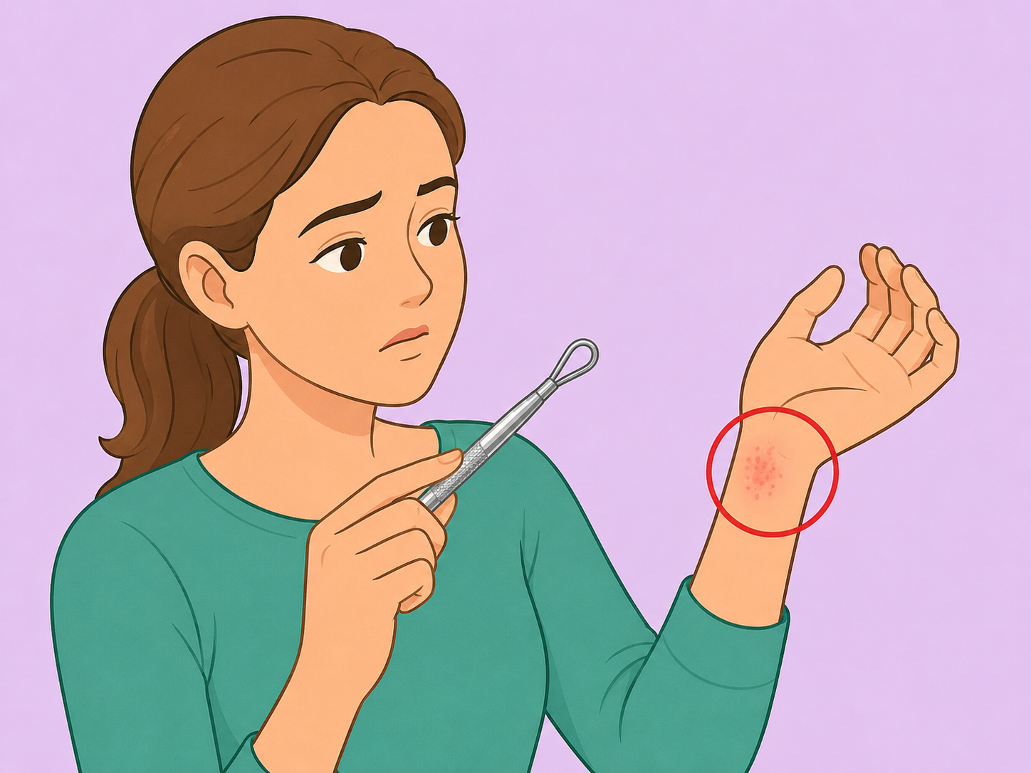 A person checking for skin irritation after touching a metal beauty tool.