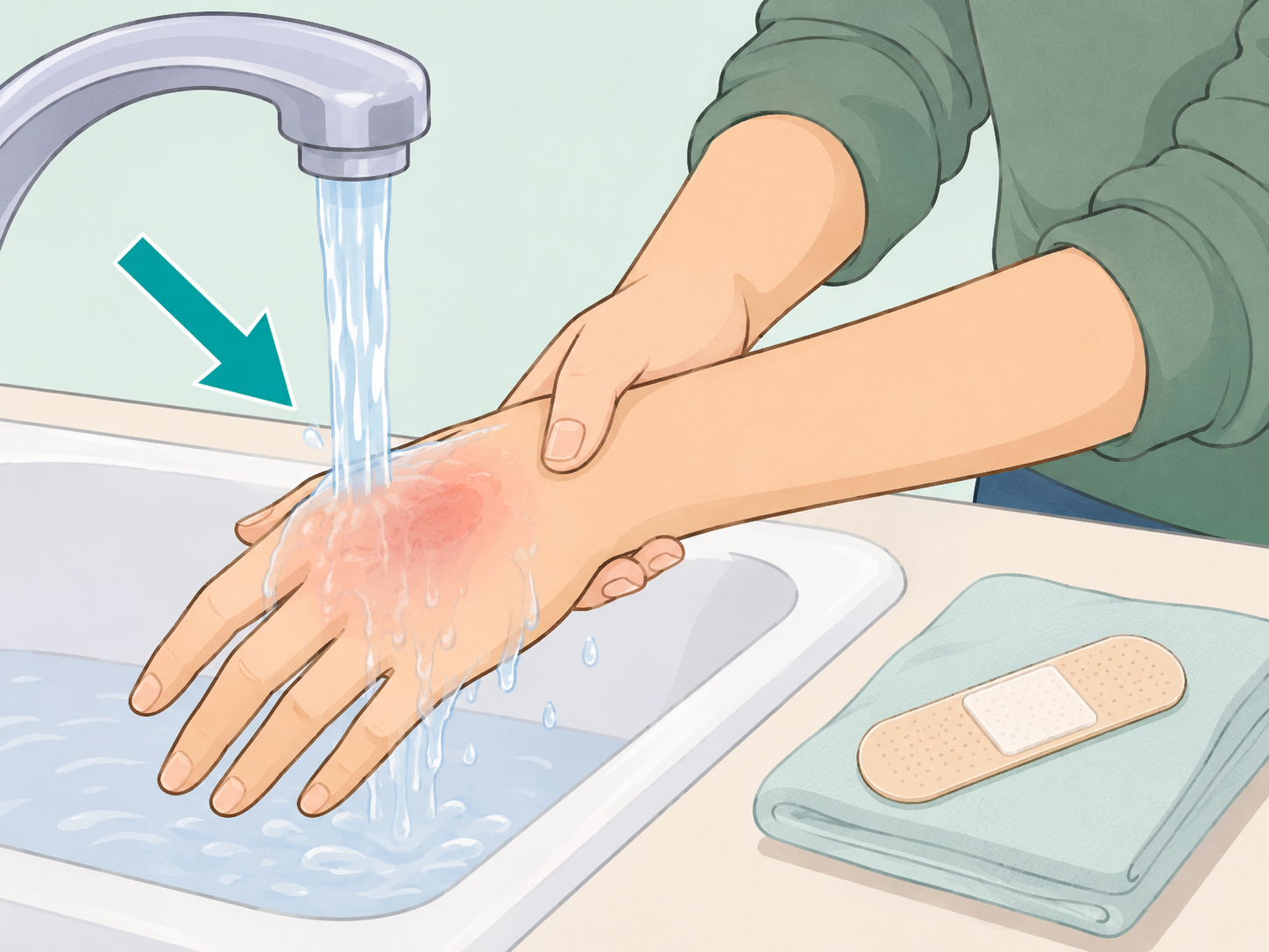 A person cooling a small burn under running water with a bandage nearby.