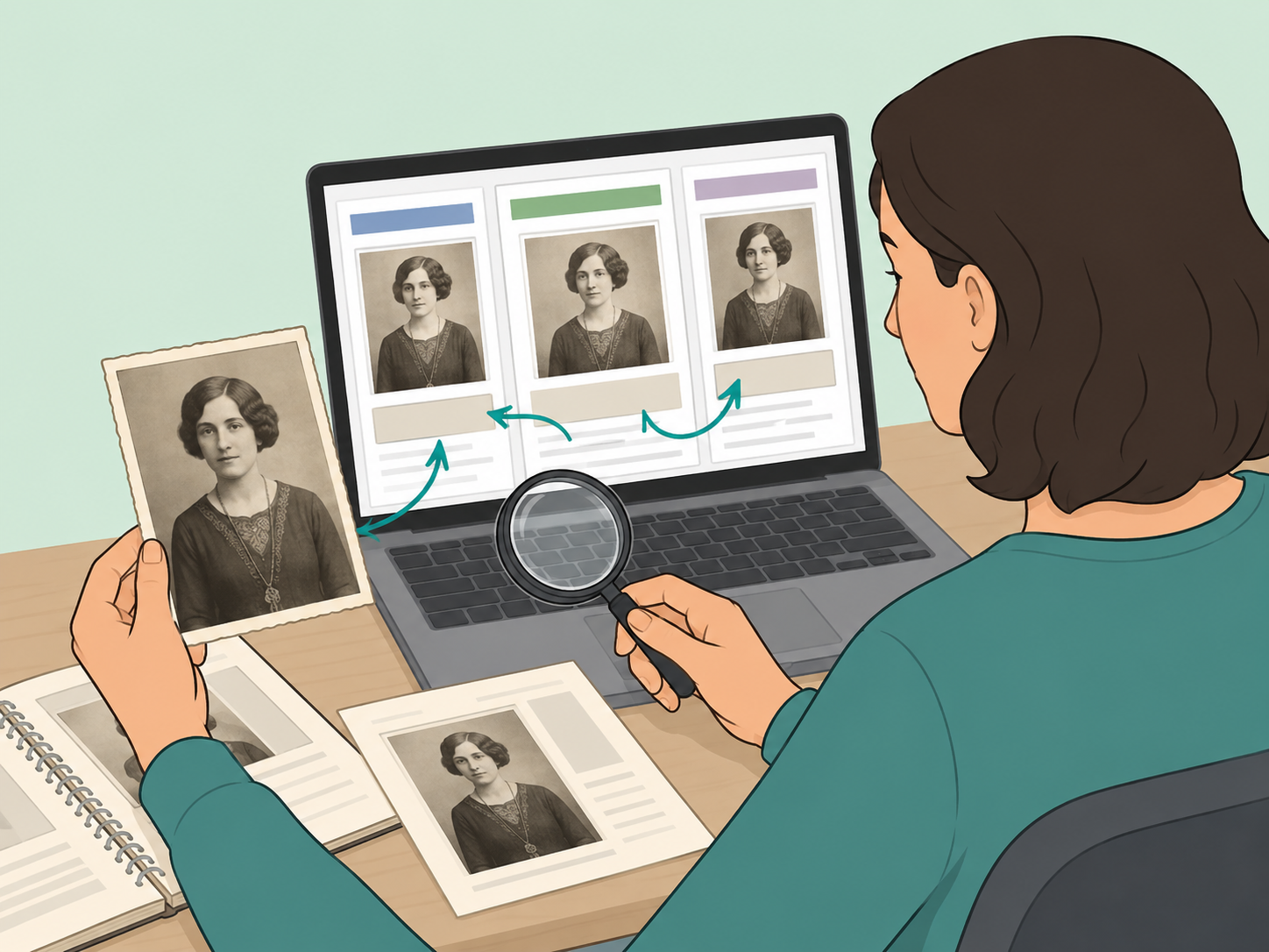 Person comparing an old celebrity photo with verified online sources.