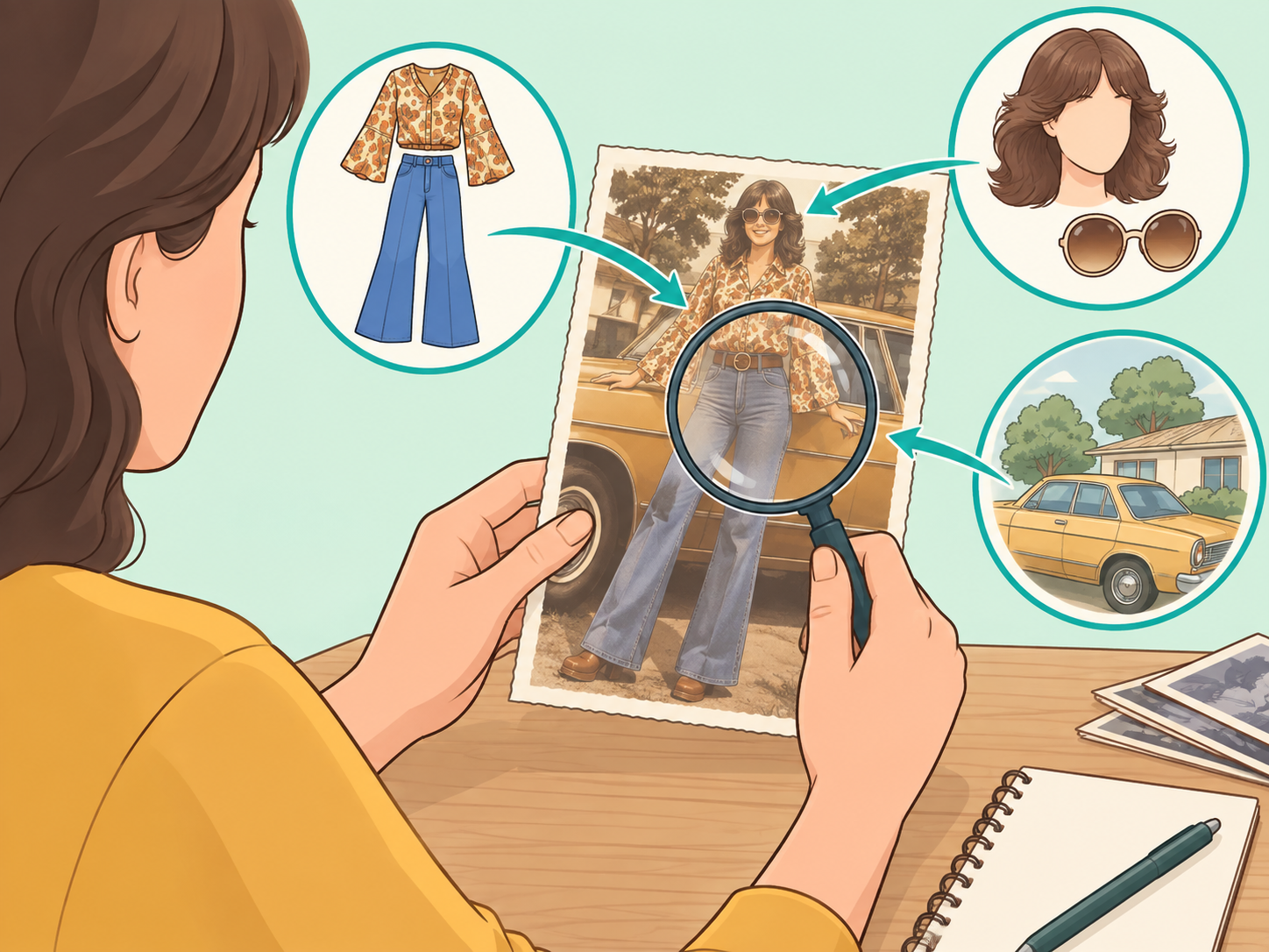 Listing visible clues in a throwback photograph.