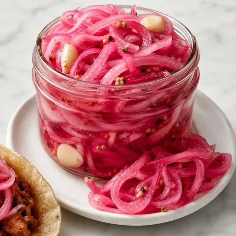 Bright pink quick pickled red onions in a glass jar with garlic and peppercorns