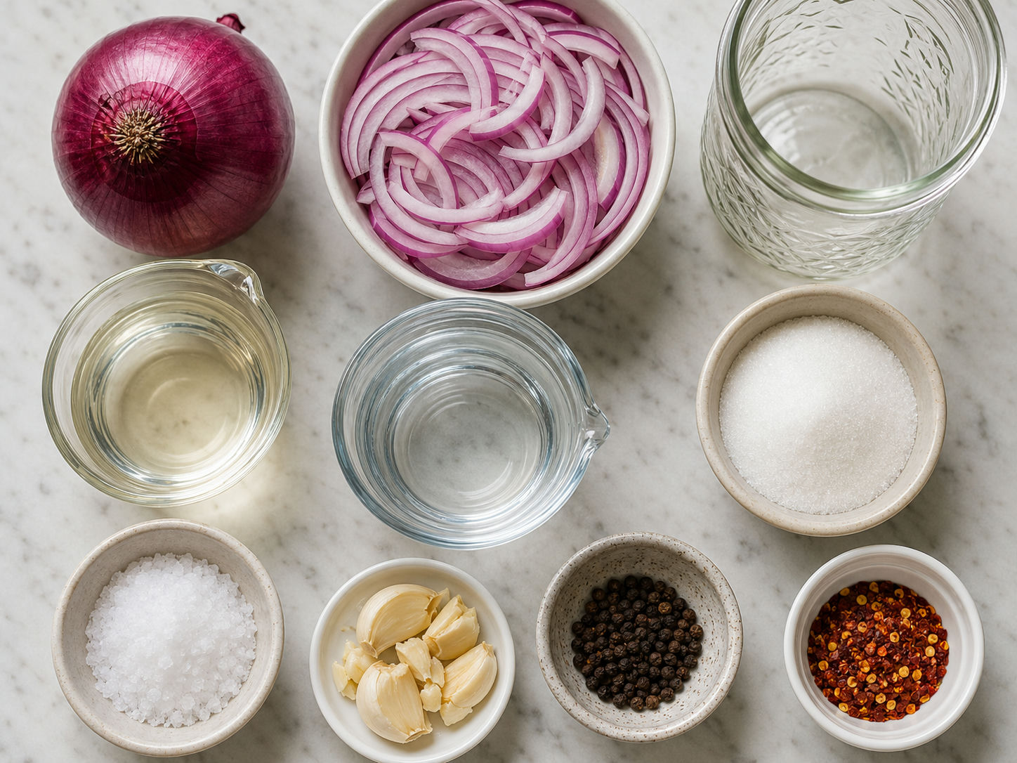 Ingredients for quick pickled red onions with vinegar, garlic, and spices