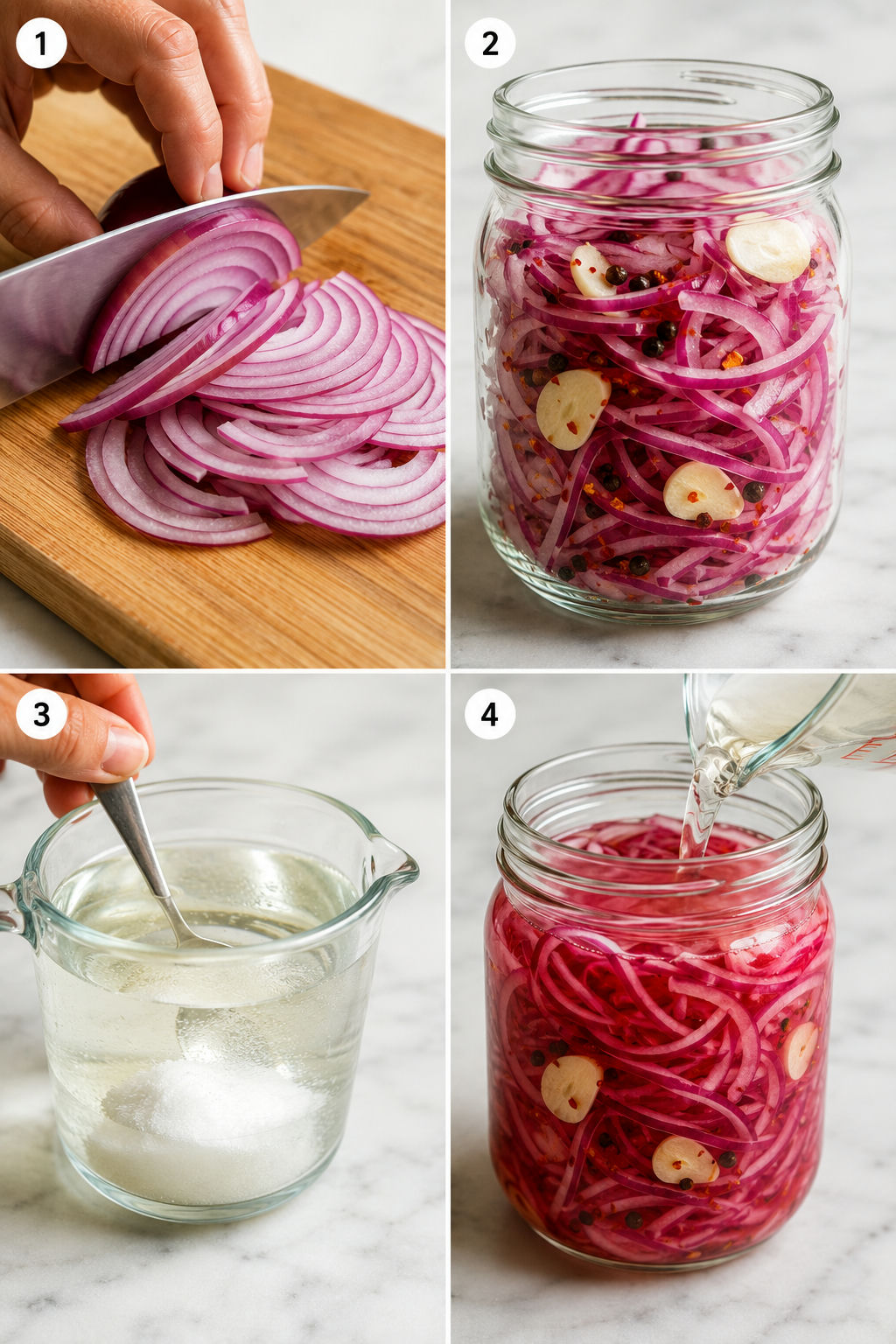Four steps for making quick pickled red onions in a glass jar