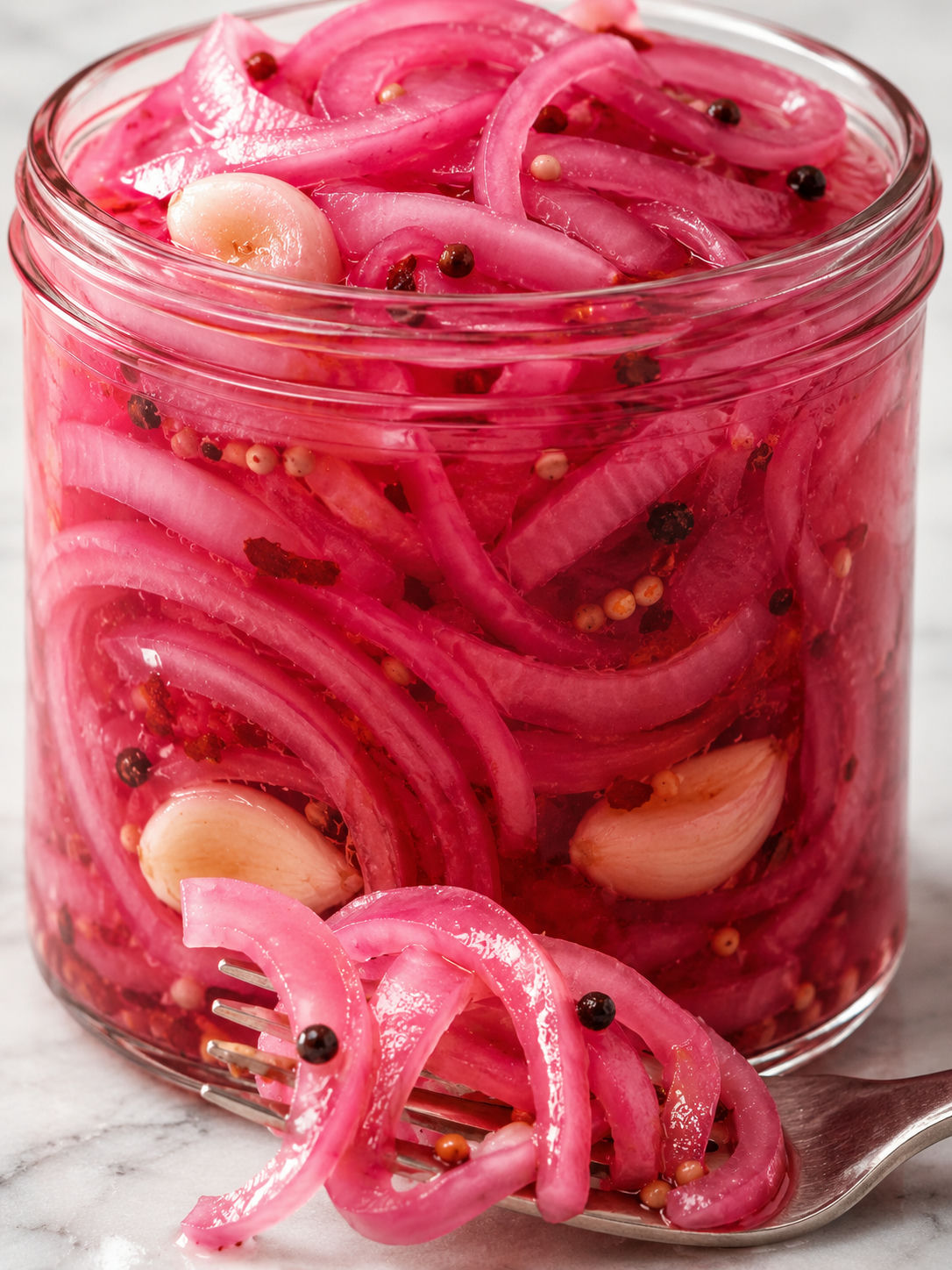 Vivid pink quick pickled red onions in a clear jar with spices