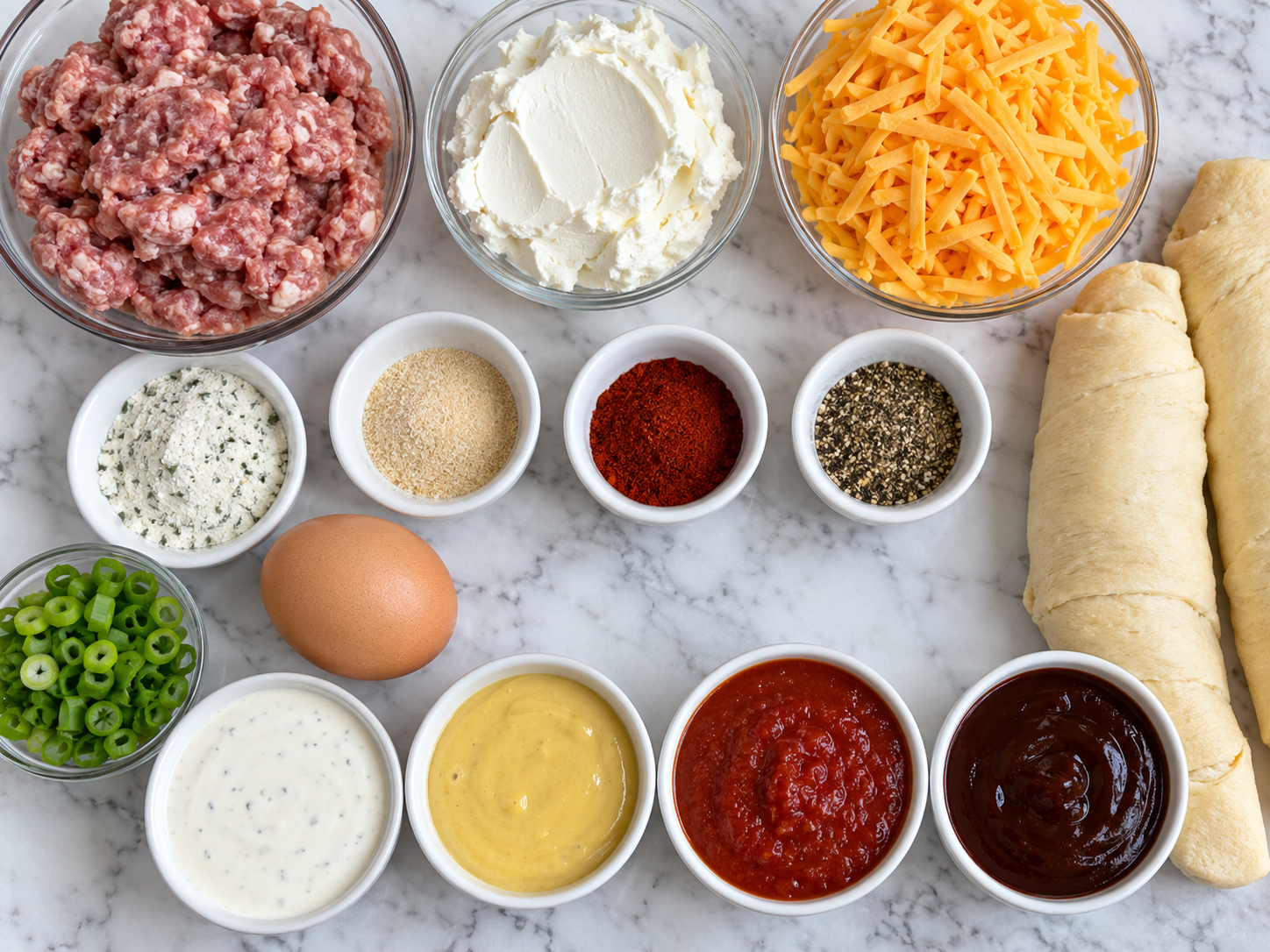 Ingredients for Iowa Party Bites with sausage cheese and crescent dough