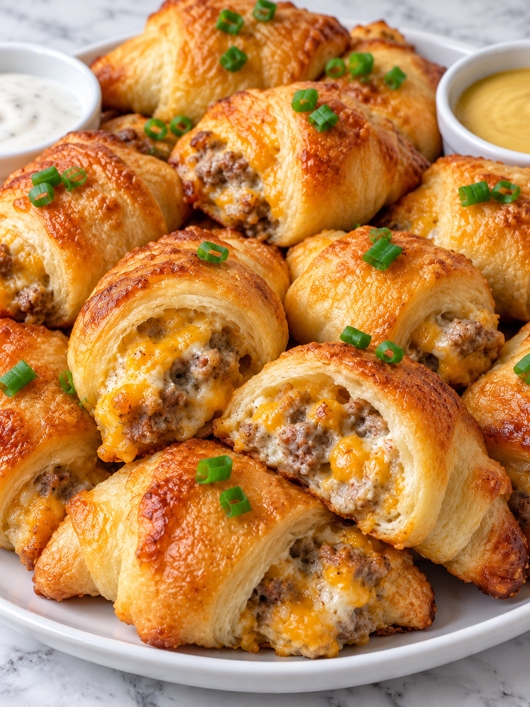 Iowa Party Bites stacked on a platter with creamy sausage filling
