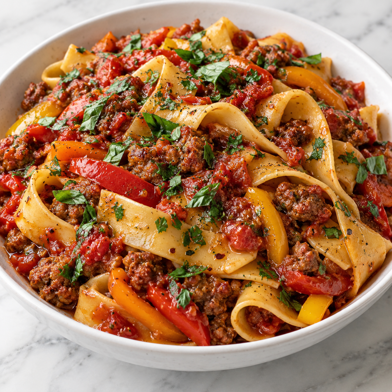 Italian drunken noodles with sausage, peppers, tomato sauce, and basil