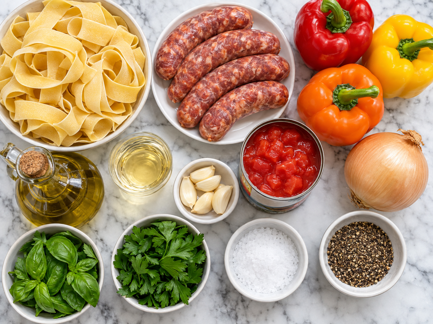 Ingredients for Italian drunken noodles with sausage, peppers, herbs, and wine