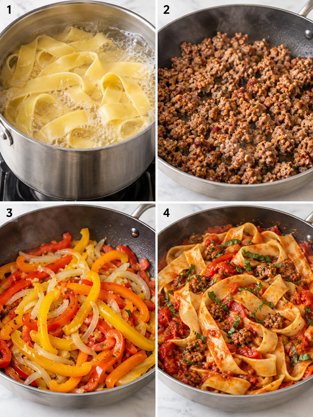 Steps for making Italian drunken noodles with sausage, peppers, and sauce