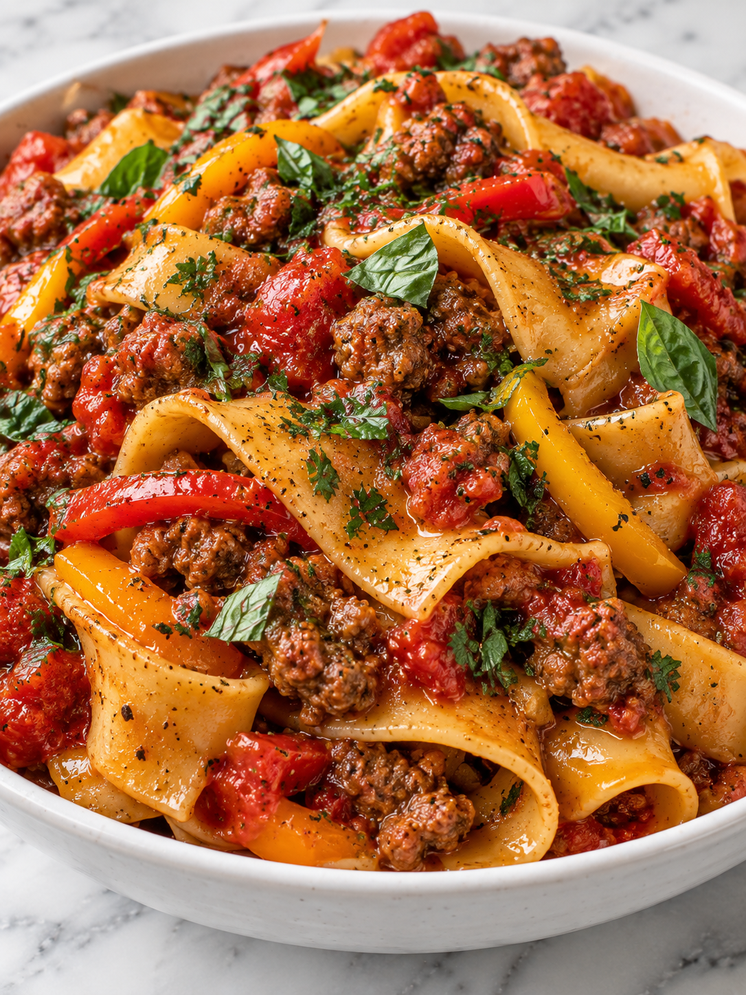 Italian drunken noodles filling a bowl with sausage, peppers, and basil