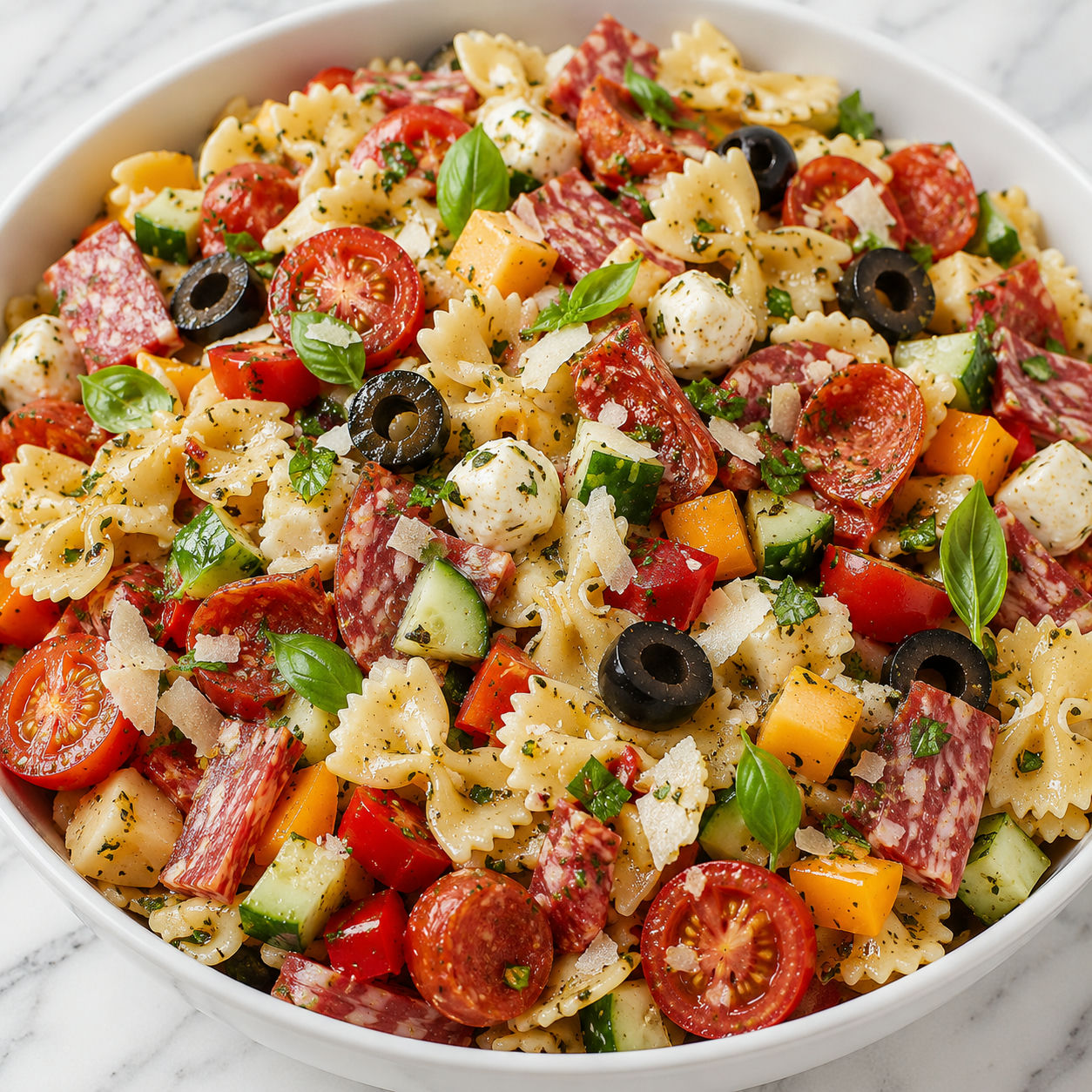 Italian pasta salad with bowties, salami, mozzarella, tomatoes, and herbs