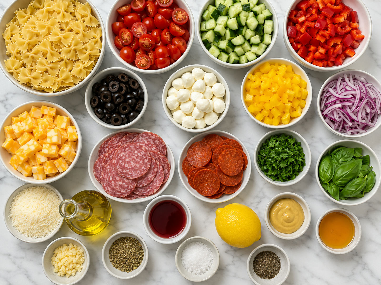 Ingredients for Italian pasta salad with pasta, vegetables, meats, and cheese