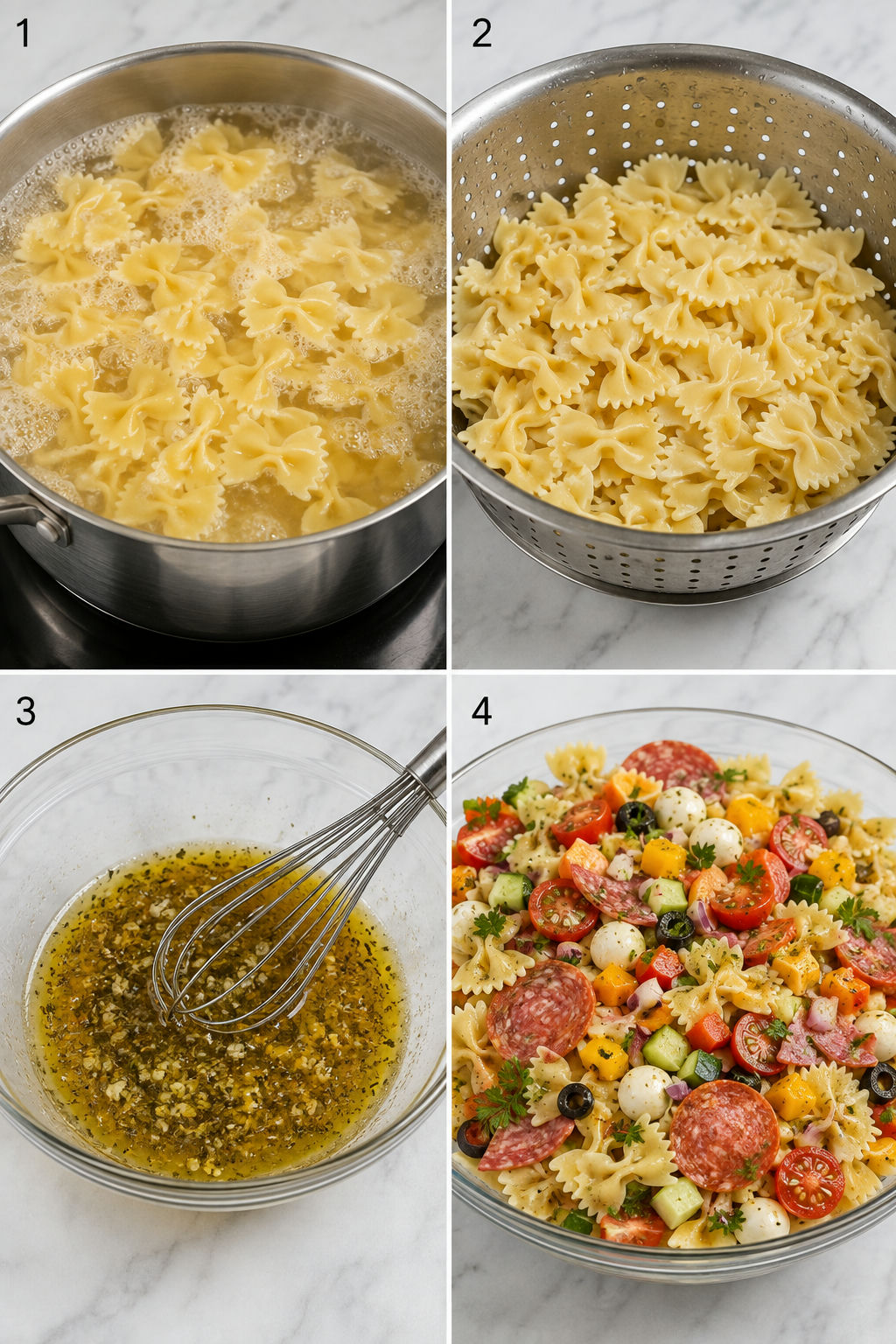 Four steps for making Italian pasta salad from boiling pasta to tossing