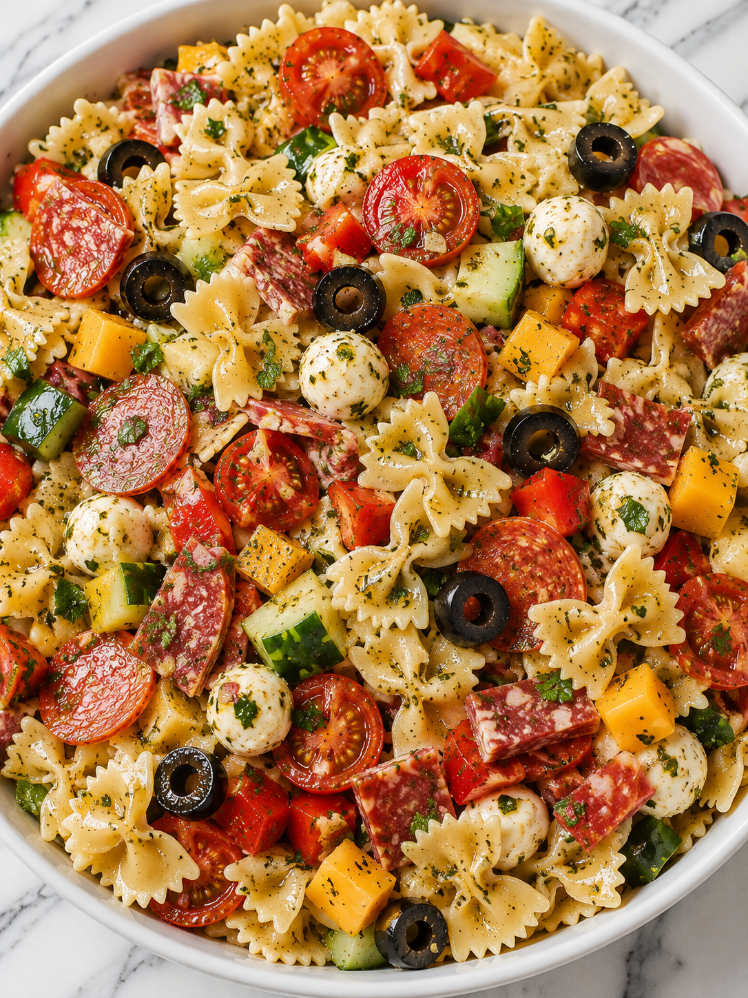 Italian pasta salad bowl with bowties, salami, mozzarella, olives, and tomatoes