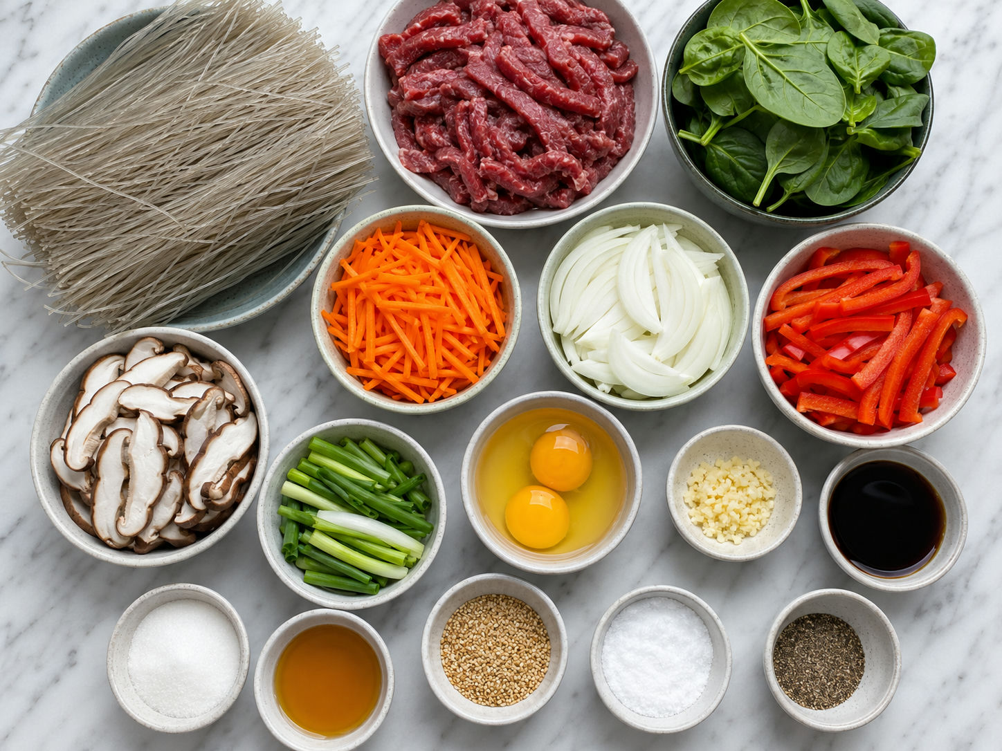 Ingredients for japchae with glass noodles, beef, vegetables, eggs, and sesame sauce