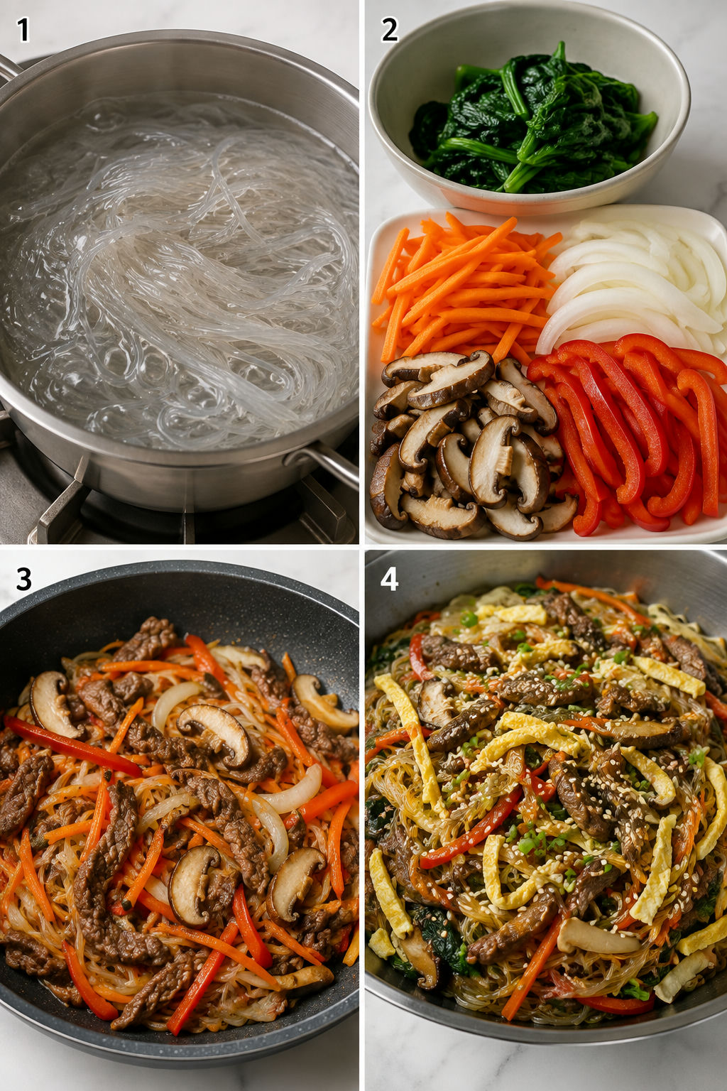 Four steps for making japchae from boiling noodles to tossing with sauce