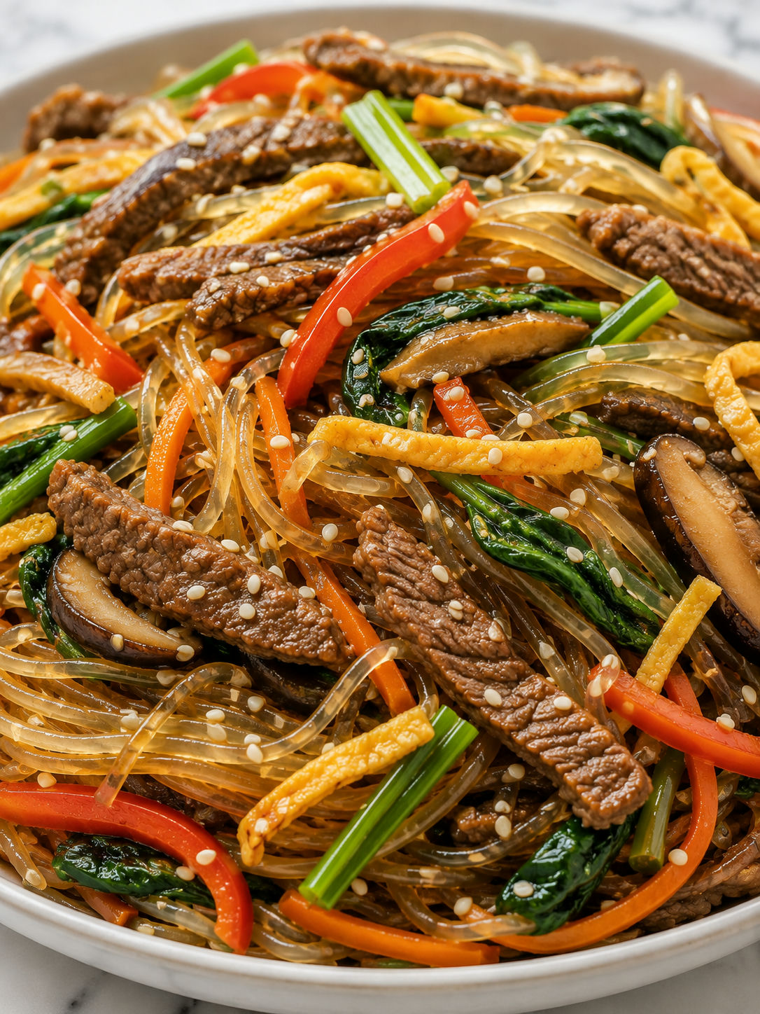 Glossy japchae noodles with beef, vegetables, egg ribbons, and sesame seeds