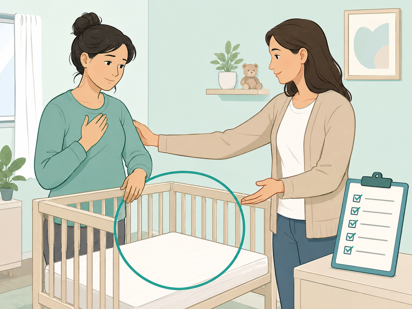 New parent and family member beside a safe empty crib with a highlighted sleep space.