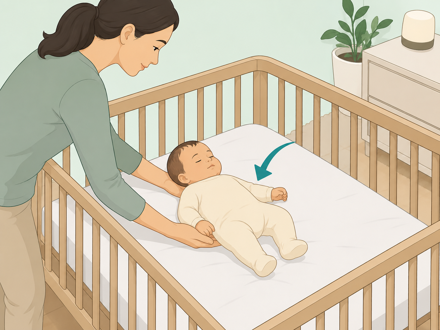 Caregiver placing a baby on their back in an empty crib.