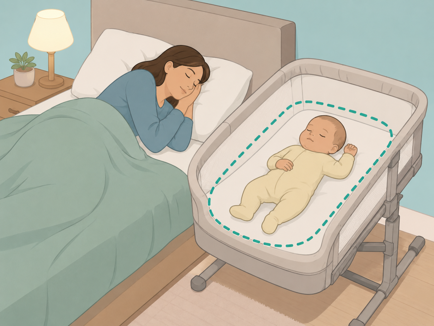 Baby sleeping in a separate bassinet near the parent's bed.