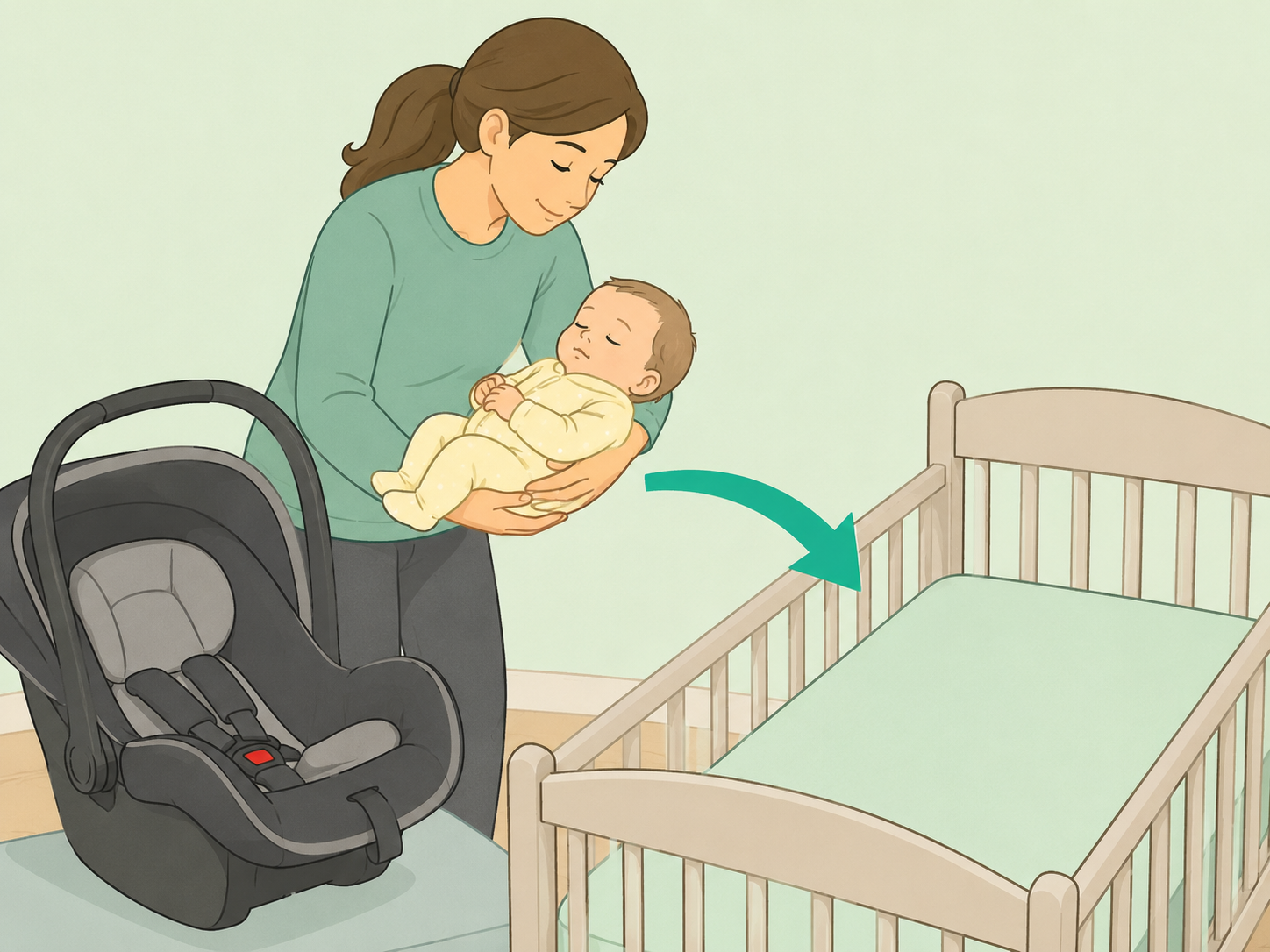 Caregiver moving a sleeping baby from a car seat to a crib.