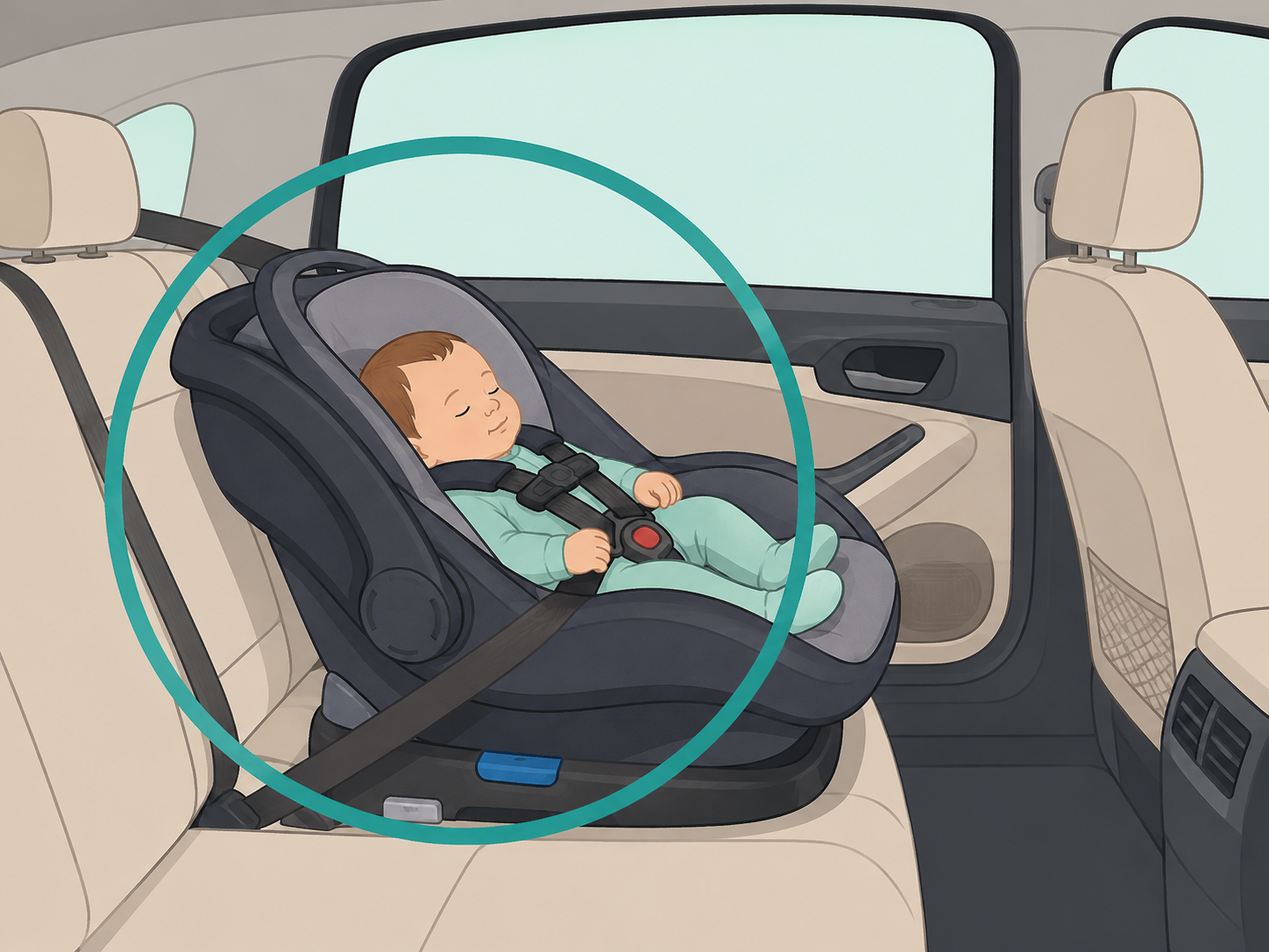 Baby buckled into a rear-facing car seat in the back seat.