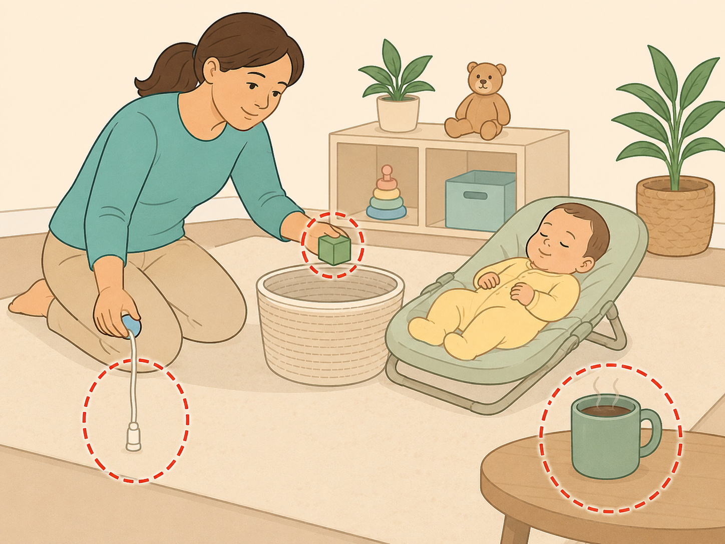 Caregiver clearing choking, cord, and burn hazards away from a baby.