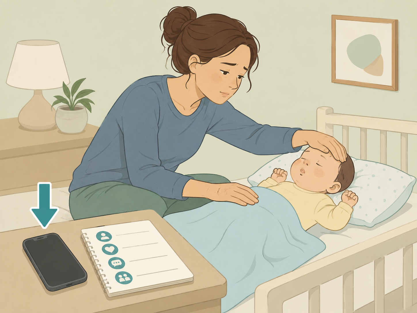 Tired parent using a crying plan with a phone nearby for support.