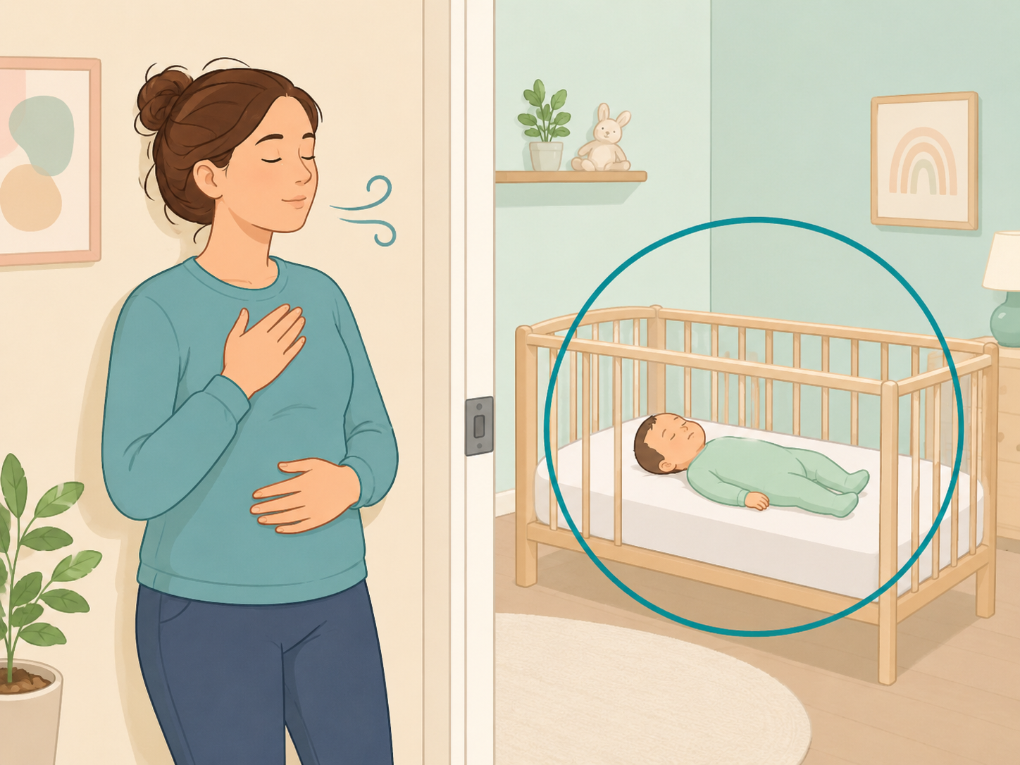 Overwhelmed parent stepping away while baby is safe in a crib.