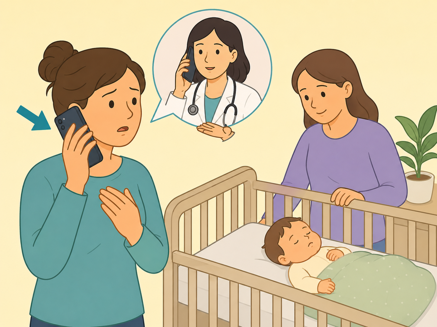 Parent calling a doctor while another adult watches the baby safely.