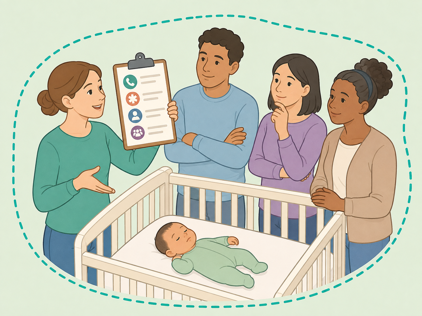 Family caregivers reviewing a baby safety plan together beside a crib.